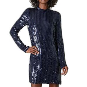 Velvet by Graham & Spencer Veda Sequin Shift Mini Dress Long Sleeve, Navy, Small